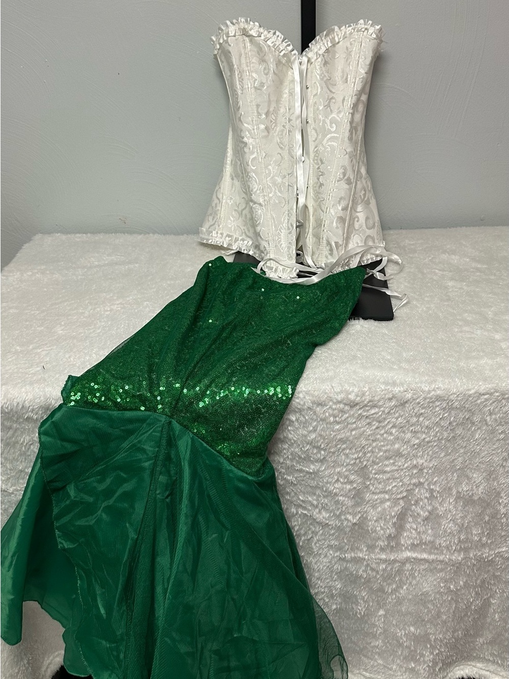 White Brocade Corset with Green Sequin Mermaid Skirt Dress